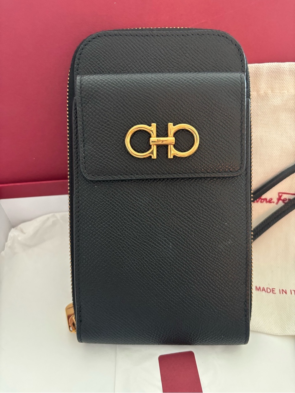 Salvatore Ferragamo Black Leather Crossbody Phone Pouch with Gold Gancini